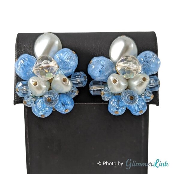 VTG 50's W Germany Blue & Gray Lucite Faux Pearl Beaded Cluster Clip On Earrings - Picture 1 of 7